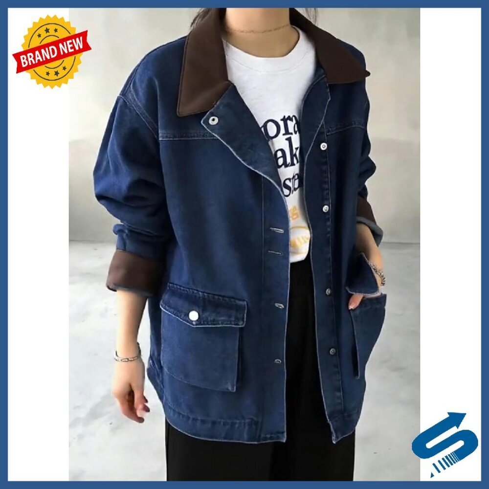 Oversized Denim Jacket Women Y2K Vintage Relaxed Fit Faux Leather Collar - Picture 8 of 8